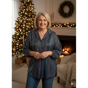 Handmade‎ Button Down Shirt Women Sz L Multi-Color Metallic Lurex Plaid Tunic